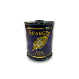 May include: A vintage, cylindrical tin of Granger Rough Cut Pipe Tobacco. The tin is dark blue with gold lettering and a gold leaf design. The text "Granger" and "Rough Cut Pipe Tobacco" are visible.