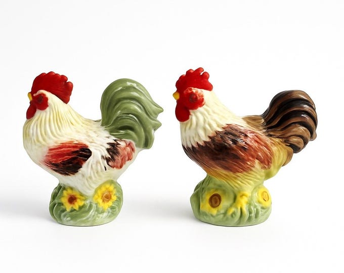 Rooster Salt & Pepper Shakers Ceramic Pottery Glossy 4" Hand Painted Pair Kitchenware Serving Pieces Tableware Cottage Granny Core Vintage