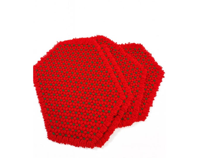 Christmas Table Placemats Hand Crocheted Red and Green Flowers Set 4 Mid Century Floral Tablescape Setting Holiday Seasonal Granny Core