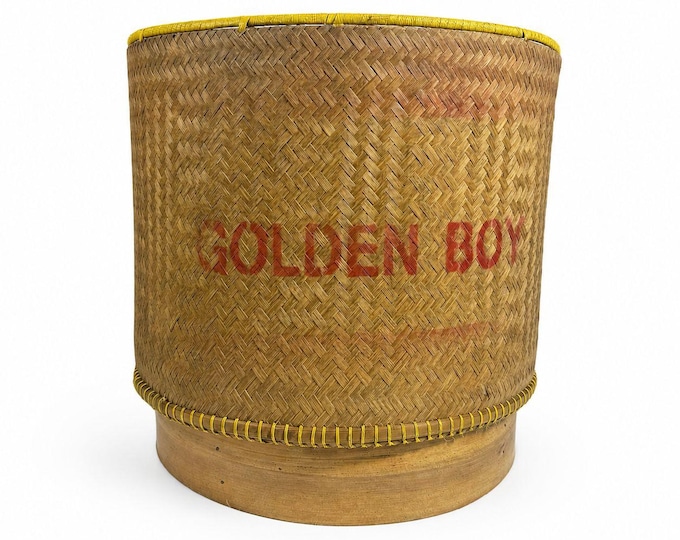 Large Bamboo Wicker Basket with Lid Kratip Sticky Rice Golden Boy Stamped Hand Woven Handled Storage Basket Asian Thai Cookware Kitchen Home
