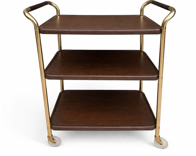 Rolling Bar Cart Cosco Stylaire 3-Tier Metal Gold Bar Serving Cart Gold Faux Wood Finish Brown Mid Century Home Decor Decorative Accents