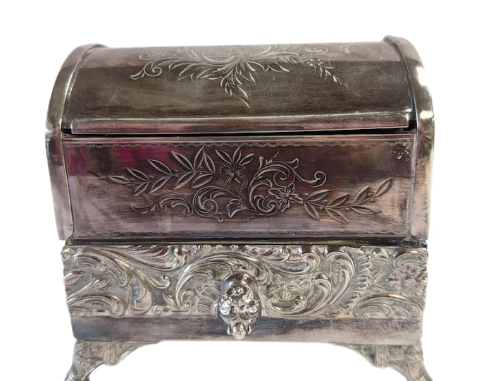 Rogers Smith and Co Meriden CT  | Jewelry Casket schatulle Vanity Box | Silver plated Antique Mechanical | Victorian Art nouveau Ornate