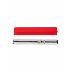 May include: A silver metal pen with black ends and a small label, presented with a bright red rectangular box. The pen is lying horizontally on a white background.