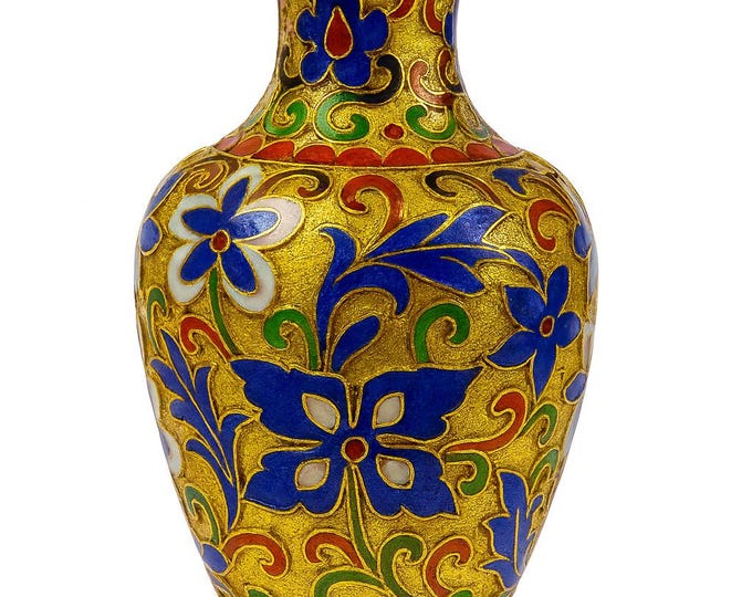 Cloisonné Flower Mini Vase | Raised Wire Champlevé Enamel Brass Gold Asian Chinese | Vintage Chinoiserie Home Shelf Decor Decorative Accents