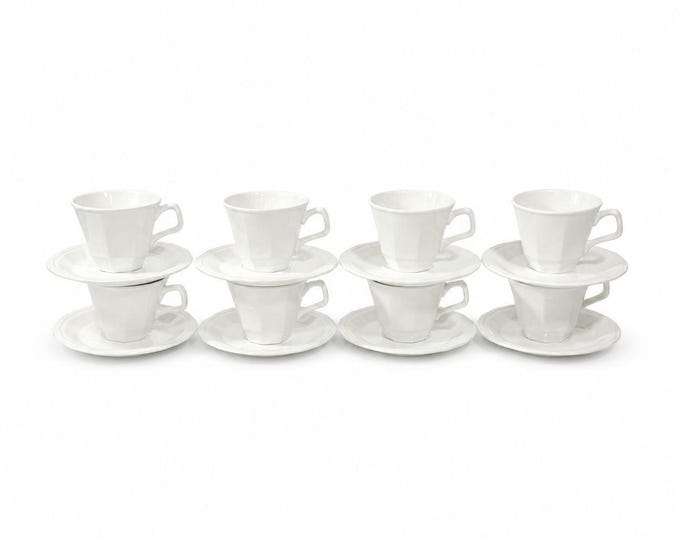 Ironstone Cups and Saucers Homer Laughlin White Dover Set 8 Stoneware Traditional Replacement China Vintage Coffee Tea