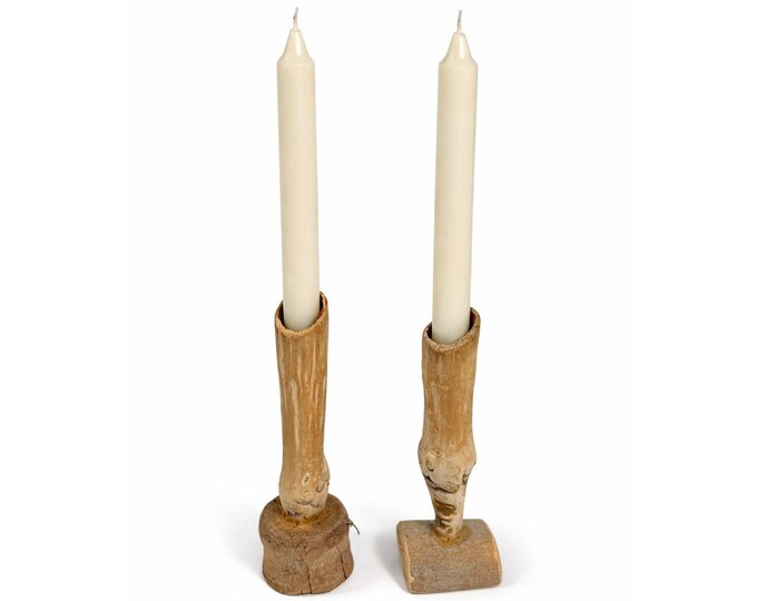 Wooden Taper Candle Holder Pair Hand Carved Vintage Burled Wood Set Pair Whittled Folk Art Primitive Farmhouse Cottage Core Table Home Decor