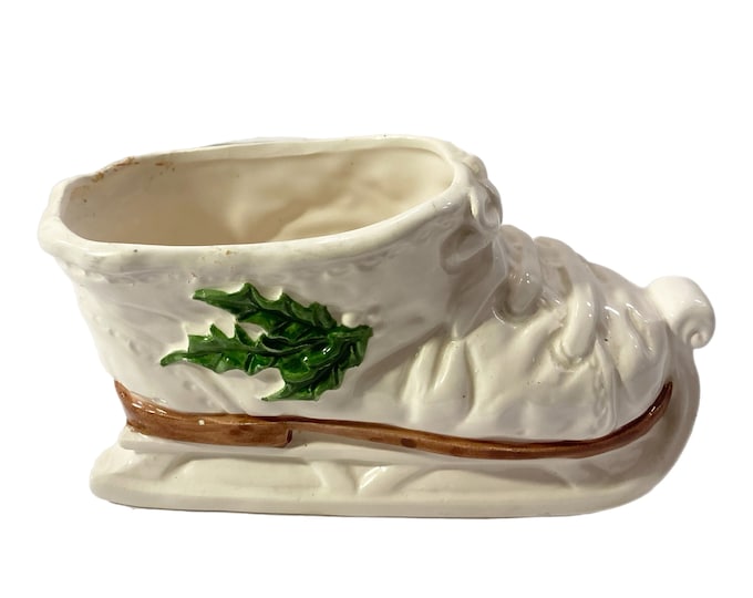 Vintage Relpo Planter Ice Skate White Christmas Holly Berry Glossy 7075 Japan