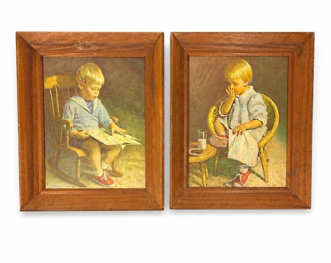 Pair Prints Gary and Gretchen Vintage Art James J Ingwerson Boy Girl Mid Century Kitchy Nursery Wall Decor Decorative Accents Cottage Core