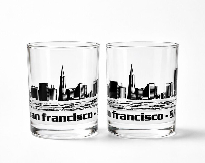 Old Fashioned Rocks Glass Set 2 San Francisco SFO Airport Code Cityscape Frosted Middle Vintage Mid Century Skyline Barware Drinkware Rare