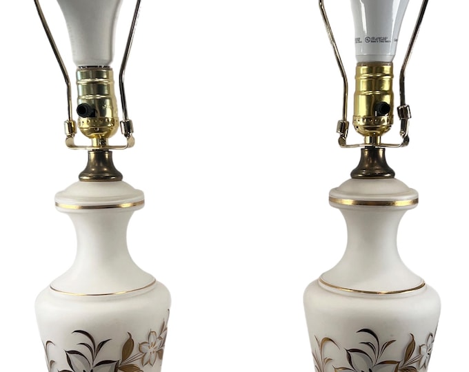 Bavarian | Pair | Hand Painted | Flowers|  Bristol Satin Glass Table Lamp with Raised Gold Floral Design and Brass Base | Hollywood Regency