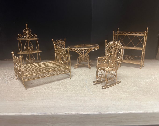 Vintage Dollhouse Toy Metal Furniture Set Gold Scroll Wicker Style Set 7