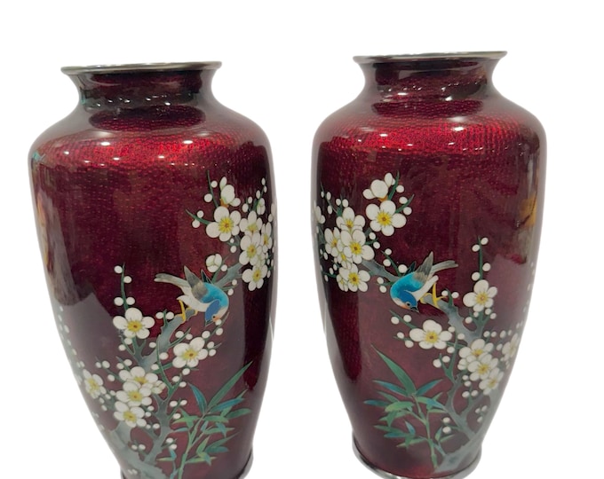 Vintage Japanese Akasuke Ginbari Cloisonné Vase | Red  Pair Set 2 | Bamboo Florals Flower | Asian Chinoiserie | Grand Millennial Oriental