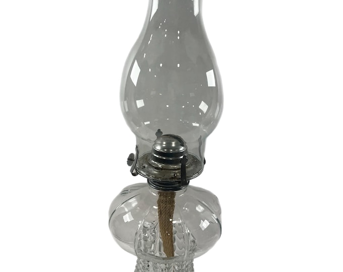 Vintage 1985 Lamp Light Farms Oil Lamp |  tall pressed glass double reservoir | Clear Glass | Draped Hobnail | Hurricane Kerosene Lamp