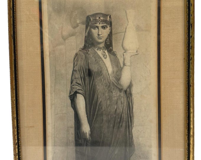 Woman Of Thebes | Charles Landelle | Pen Ink Engraved  -Egyptian-1883 | Old Antique Framed Print Picture |Beautiful Girl Jewels Water Jug