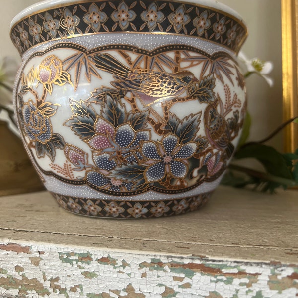 Chinese Porcelain Jardinere Planter | Birds | Flowers | Gold Blue | Pastels