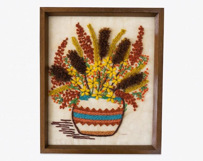 Southwestern Style Vintage 70s framed fall florals crewel embroidery picture