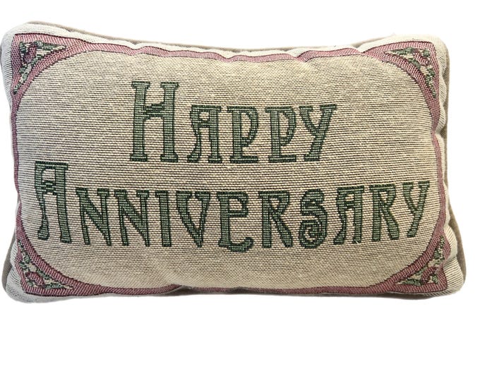 Vintage Tapestry Throw Pillow  | Happy Anniversary | Pink Green  | Wedding Gift Gifts for Her | Needlepoint style | Presents