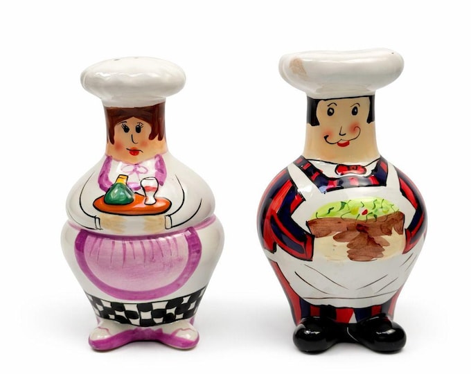 Salt and Pepper Shakers Mr and Mrs Chef Hand Painted Vintage Porcelain Ceramic Large Collectible Kitchen Tools Utensils