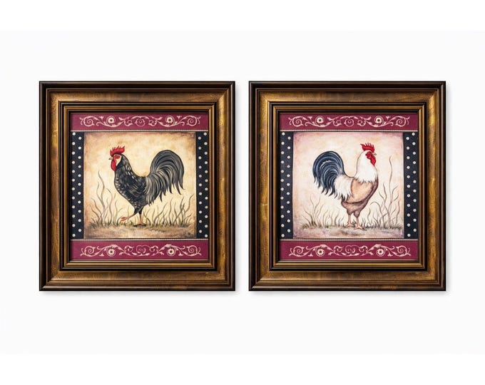 Rooster Chicken Oil Like Paintings Art Wall Decor Pair Set 2 Kitchen Home Decorative Accents Farmhouse Primitive Country