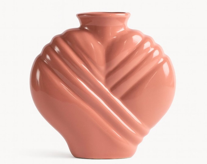 80s Deco Vase Pink Mauve | Haeger Style Art Deco Revival Modern Swirl Ceramic Pottery Ribbed Design  | Decorative Accent Home Decor Flowers