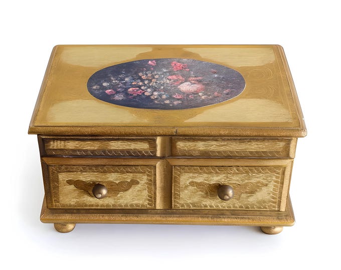 Jewelry Box Music Florentine Gilded Gold Footed | Royal Sealy Italian Decor Floral Italy Boudoir Storage Vintage Keepsake Grand Millennial