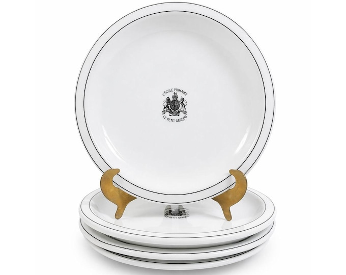 Ironstone Dinner Plate Set 4 Debelly Restaurant L'école Primaire Le Petit Garcon, French Bistro Style White Black Bands Romania Replacement