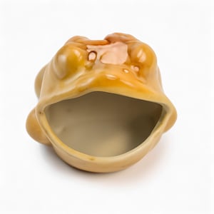 May include: A ceramic frog-shaped container in shades of tan and beige. The frog has a wide open mouth, and the interior is a lighter beige. The container has a glossy finish and is set against a white background.