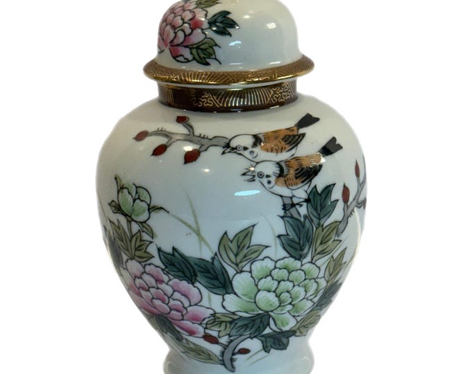 Vintage Kutani Porcelain Ginger Jar Vase |  Colorful Flowers Birds | Chinoiserie Asian Oriental Home Decor | Shelf Decor | Gold Hand Painted