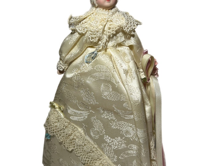 Vintage Angel Tree Topper Porcelain  | Cream Lace Dress | Flowers Floral | Teal Beads | Feather Wing