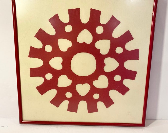Vintage | Framed Quilt | Red | Hawaiian | Metal Frame | Hearts | Non Glare Glass