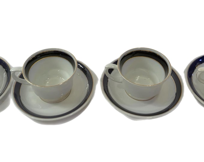 Arabia Finland Blue and White Demitasse Cups with Saucers | Set 4 | Scandinavian Modern | Fine China Porcelain | Tea Party | Tableware