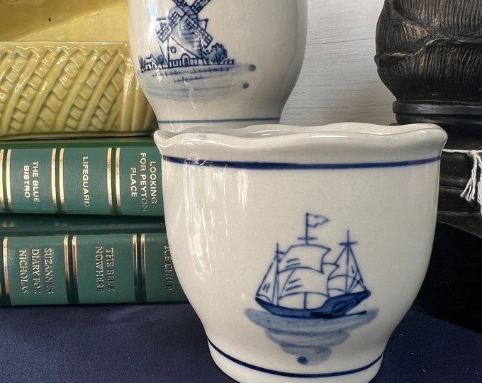 Pair | Geerlings | Delftware Planters With Windmill Sailboat | Blue and white | Delft Holland