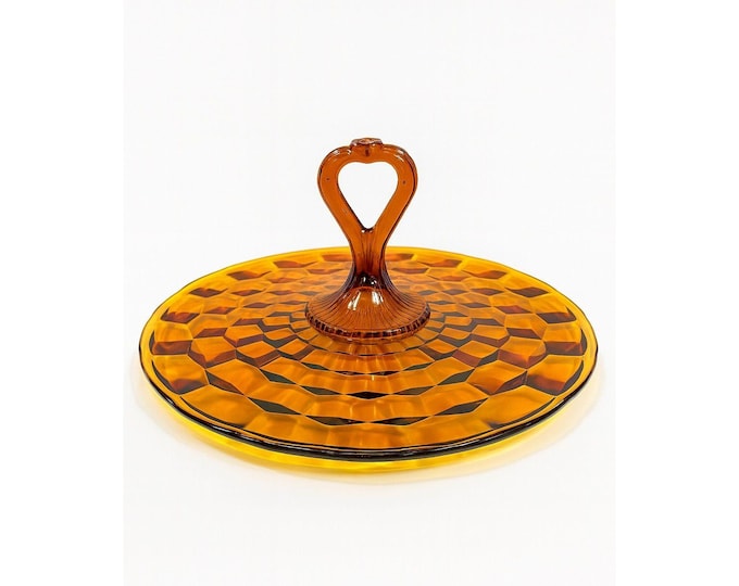 Amber Serving Tray With Handle | Indiana Colony Cubist Bube Diamond Pattern 12" Round Vintage Mid Century Retro Tableware Serveware