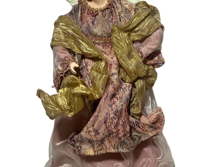 Vintage Angel Tree Topper Resin | Mauve Tapestry Dress | White wings | Halo | Gold Accents