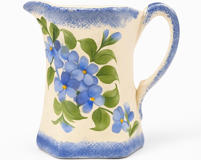 Pitcher Cash Family Pottery Vintage Blue White Milk Jug Creamer Hand Painted Flowers | Cottagecore French Country Kitchen Decor Tennessee