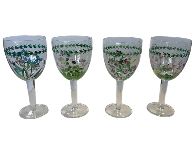 Wine Goblets Glass Stemmed | Portmeirion Botanic Garden Hand Painted Stemware | Cottage core Flowers Butterflies | Replacement Glassware