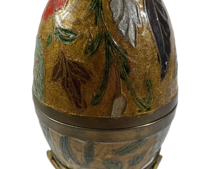 Gold Toned Cloisonne Trinket Box Egg | Enameled Flower Accents | Brass stand