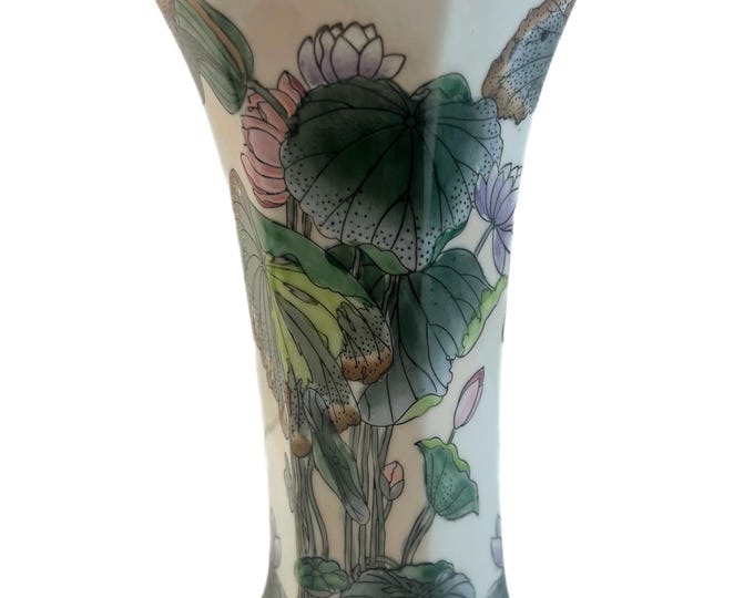 Vintage Chinoiserie  Porcelain Vase Macau Ikebana Hand painted  Chinese Porcelain Lotus Flower Water Lily Floral Pastel Gold Rimmed