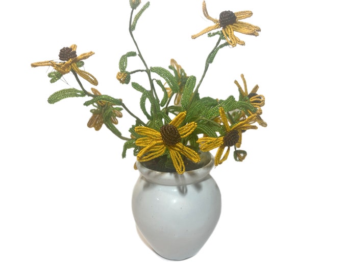 Vintage | Black Eyed Susan | Seed Bead Flowers | White Pot | Decor
