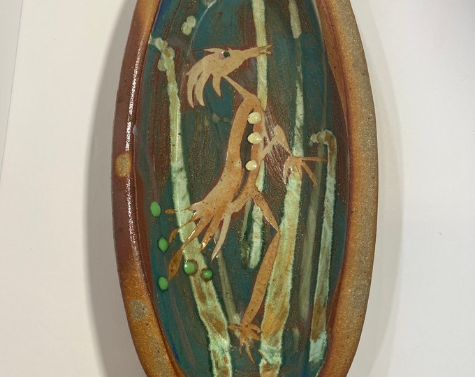 Ken Sedberry - Oval Baker - NC North Carolina - Studio Pottery - Seahorse - Blue White Brown
