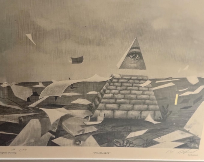 Vintage | Framed Art | Ed Roebuck | Graphite Drawing | Peacemaker | Artist Signed | Pyramid Illuminati Pop Art Pyramid | Eye of Providence