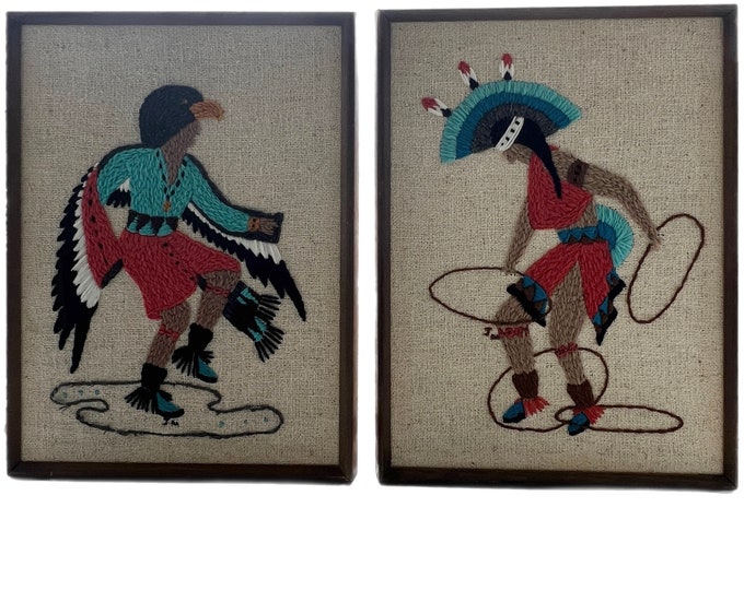Pair | Vintage Native American Framed Wall Art  | Needlework | Crewel | Embrodiery | Boho Mid Century | Indian | Hoop And Eagle Dance