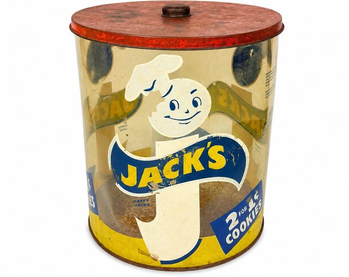 Store Display Bulk Container Jar Happy Jack's Cookie Company Plastic 2 for 1 Cent Collectible Grocery Vintage Mid Century