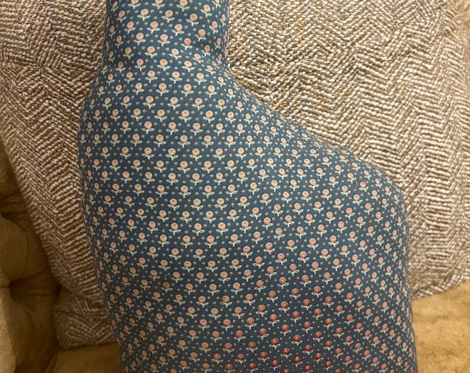Vintage | Kitschy | Handmade | Cat Shape | Stuffed Pillow | Blue Calico Print