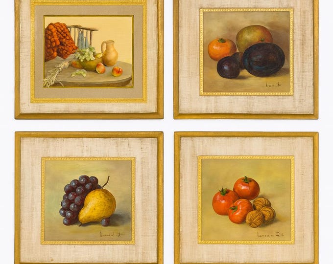 Florentine Wall Art Decor | Hank Bos Fruit Still Life Prints on Board Italian Italy Gold Gilt | Kitchen Art Grandma Granny Core | Set 4