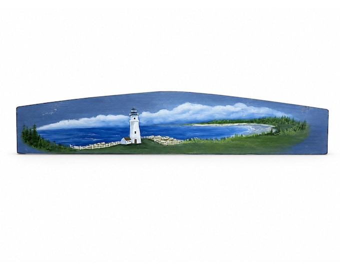 Wooden Sign Plaque Hand Painted Coastal Lighthouse Over the Door Vintage Beach Scene Blue Background