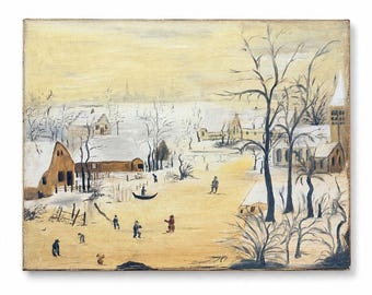 フォークアート油絵 ヴィンテージ手描き 冬の村の風景 町 納屋 教会 落ち着いた色調 額なし ホームウォールデコレーション 装飾アクセント