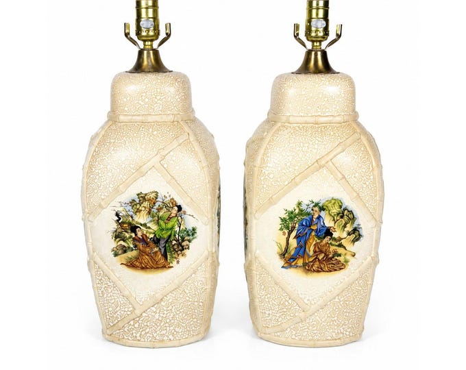 Pair Lamps Ginger Jars Oriental Geisha Women Bamboo Wrapped Ceramic Vintage Chinosiere Home Decor Table Decorative Accents Set 2