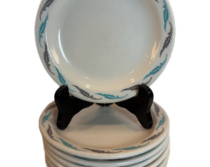 Vintage Homer Laughlin Fine China | Salad Bread Butter Plate | Retro Made for Edward Don | Restaurant Ware | Oak Leaf Blue and Grey | Set 7