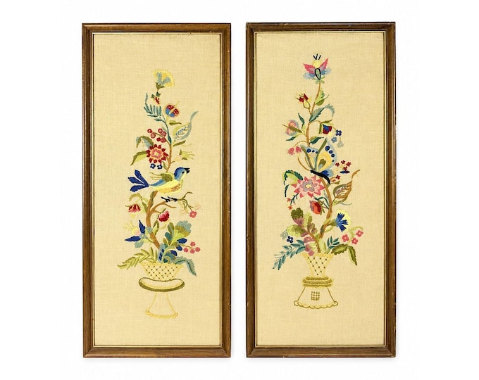 Framed Crewel Embroidery Wall Art Decor Handmade Pair Set 2 Birds and Flowers Vintage Mid Century Wood Frame